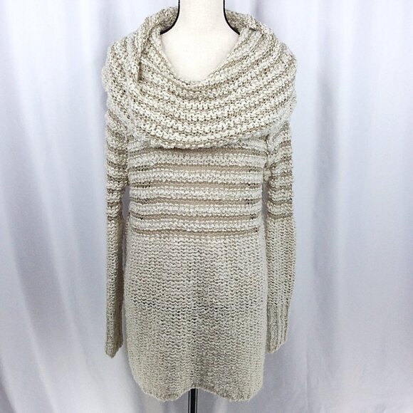 Umgee Cowl Neck Open Weave Tunic Sweater Womens Size Medium Beige Mini Dress - Picture 1 of 9
